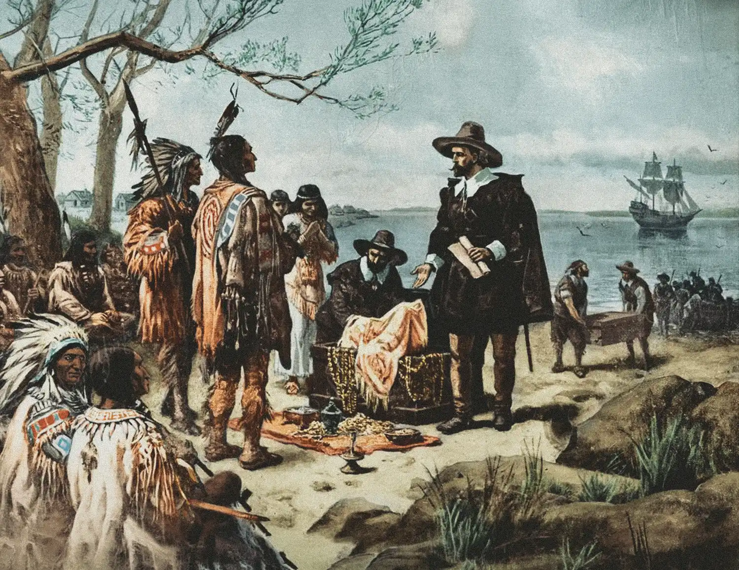 Purchase of Manhattan Island from the Lenape by Peter Minuit, 1626. Illustration: Alfred Fredericks