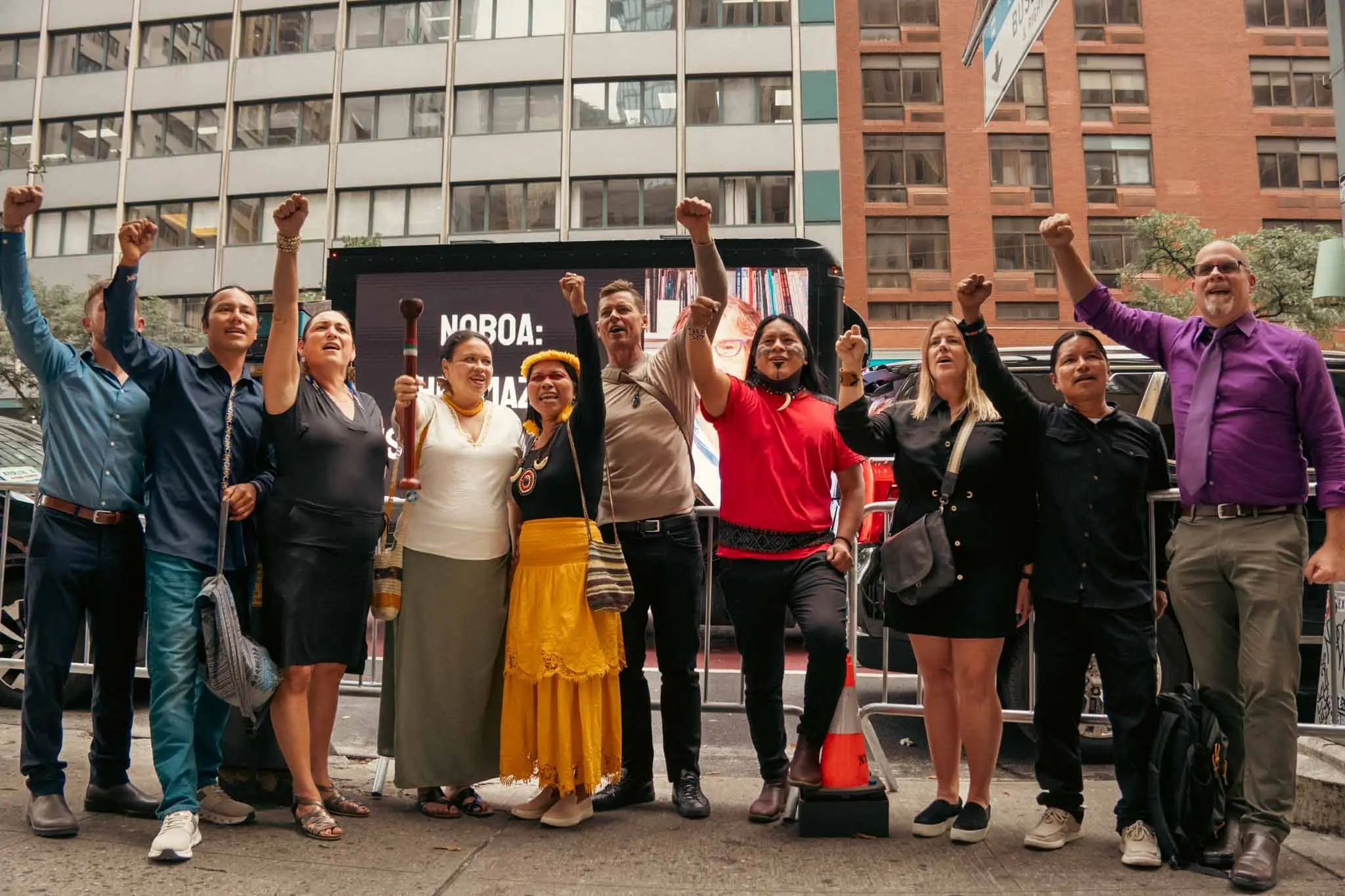 Activists, Indigenous leaders, and international allies during a demonstration in support of the “The Amazon Is Not For Sale” campaign. Photo: Sapiens