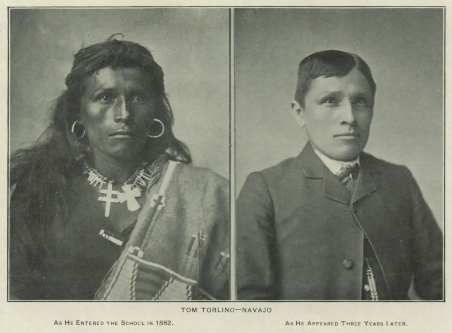 Tom Torlino, Navajo student, upon entering the Carlisle Indian School in 1882 and three years later. Photo: John N. Choate.