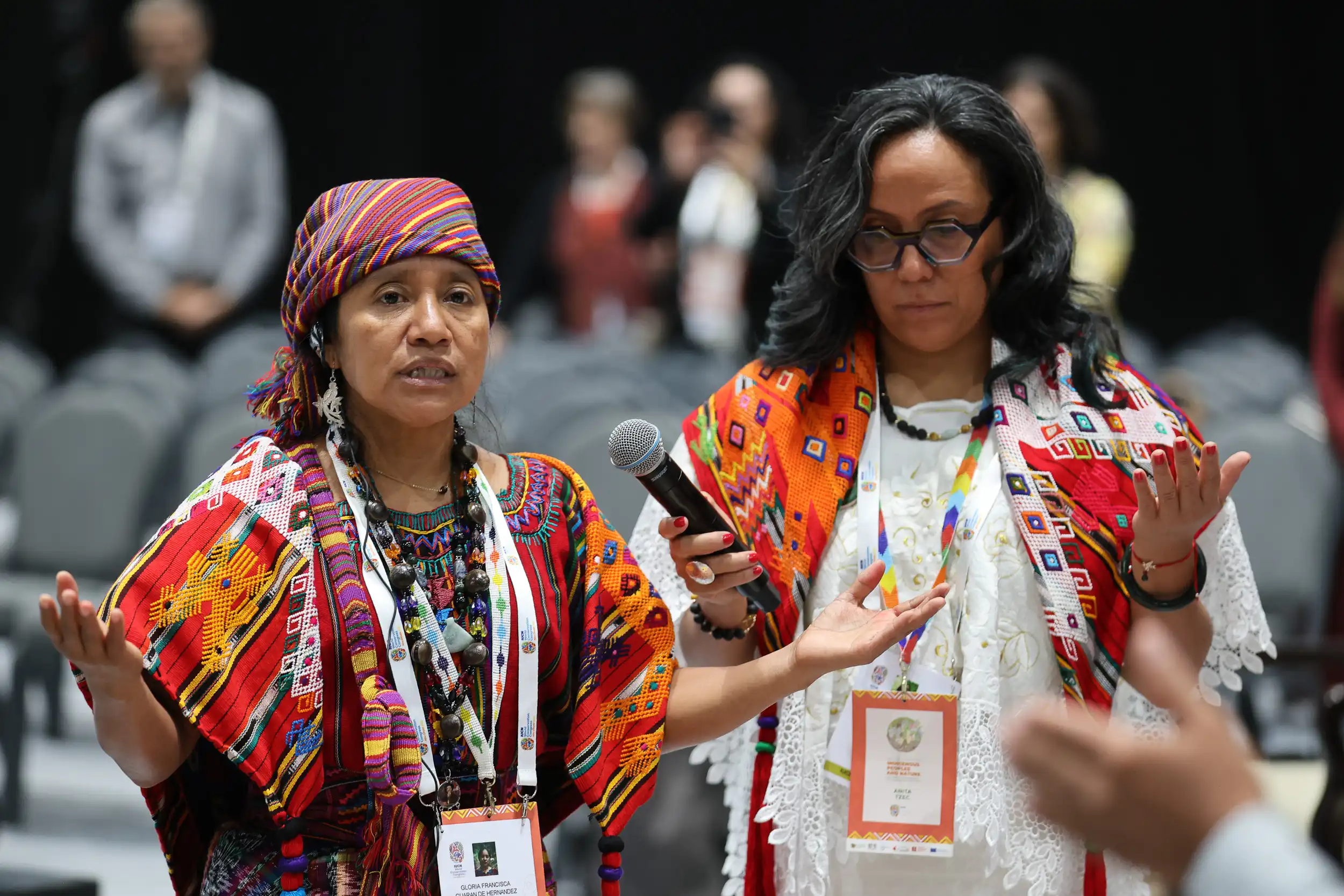 Anita Tzec, Maya Yucatec leader, and Gloria Francisca Guarán de Hernández, indigenous expert, at the IUCN World Conservation Congress 2025. Photo: IISD/ENB | Mike Muzurakis.