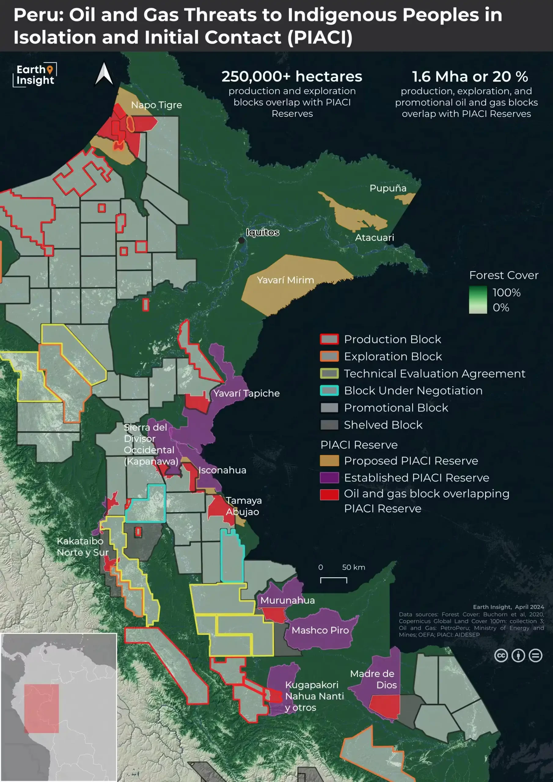 Maps made by Earth Insight show current oil and gas blocks overlaid on PIACI reserves.