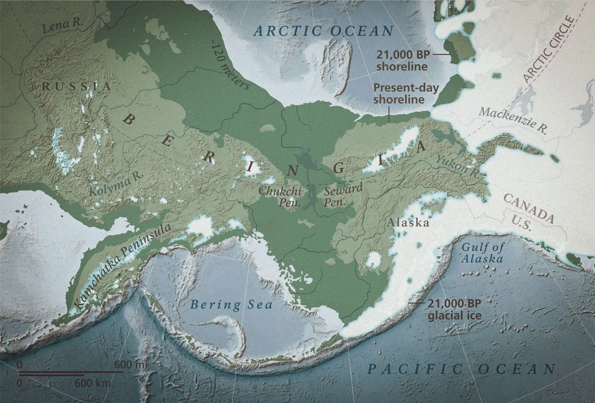 Reconstruction of Beringia 21,000 years ago, showing the coastline of that time and the present-day one. Credit: National Park Service
