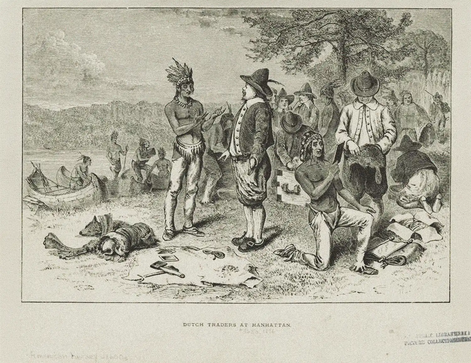 Engraving depicting the commercial exchange between Dutch colonists and the Lenape people in Manhattan. New York Public Library, 1876.