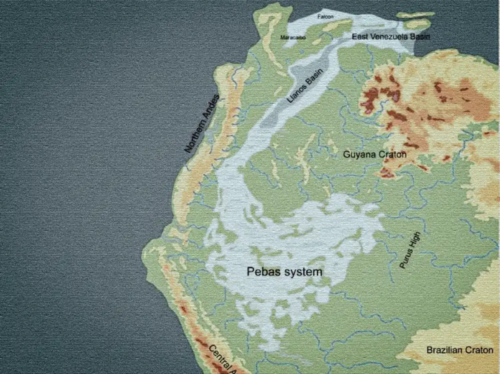 Paleogeographic map of the Pebas System during the Miocene, the vast network of lakes and wetlands that once covered what is now the western Amazon. Source: Frank Wesselingh / ResearchGate.