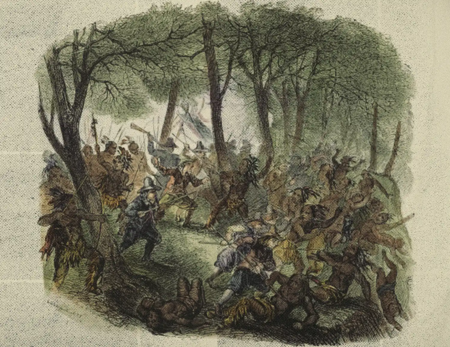 Depiction of the Pavonia Massacre (1643), in which Dutch soldiers attacked a Lenape encampment in what is now Jersey City. Source: Sarin Images / GRANGER.