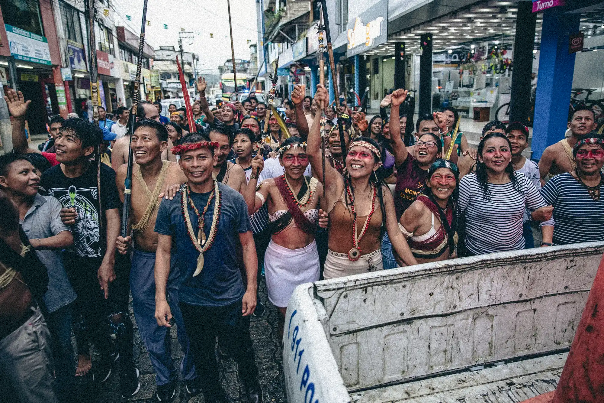 The Waorani people celebrate in the streets after learning of the 2019 court ruling that protected their territory from Block 22. Photo: Amazon Frontlines
