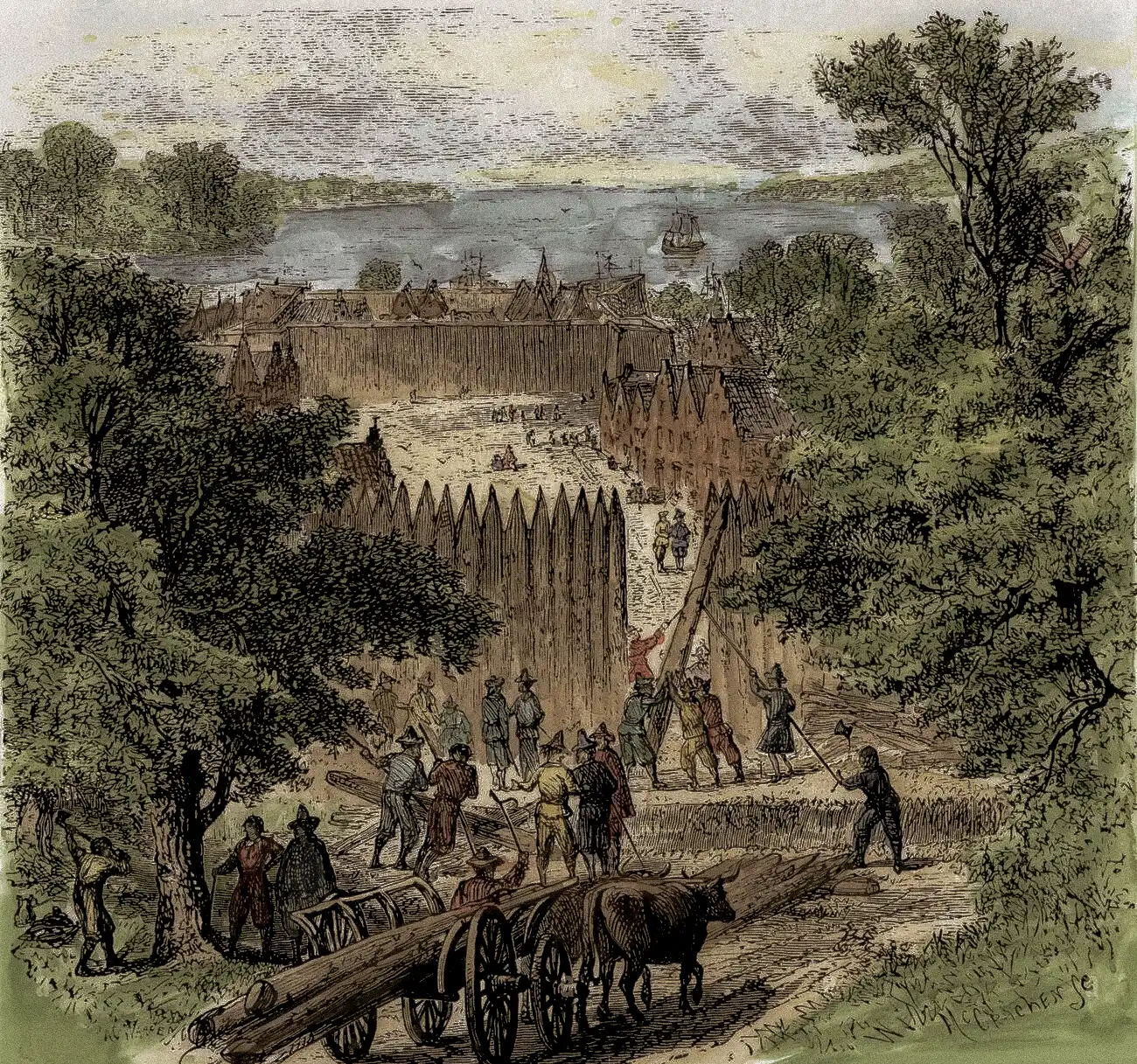 Dutch colonists building the wooden wall that would give Wall Street its name, New Amsterdam, 1650s. Source: North Wind Picture Archives