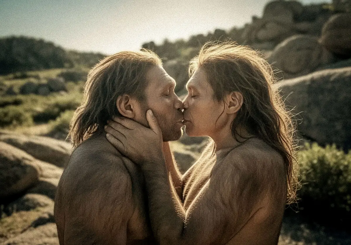 Recreation of two Neanderthals kissing. The Oxford study suggests the gesture may have served both as a romantic bond and as a way to resolve social conflicts. Credit: AI-generated image, Shutterstock.