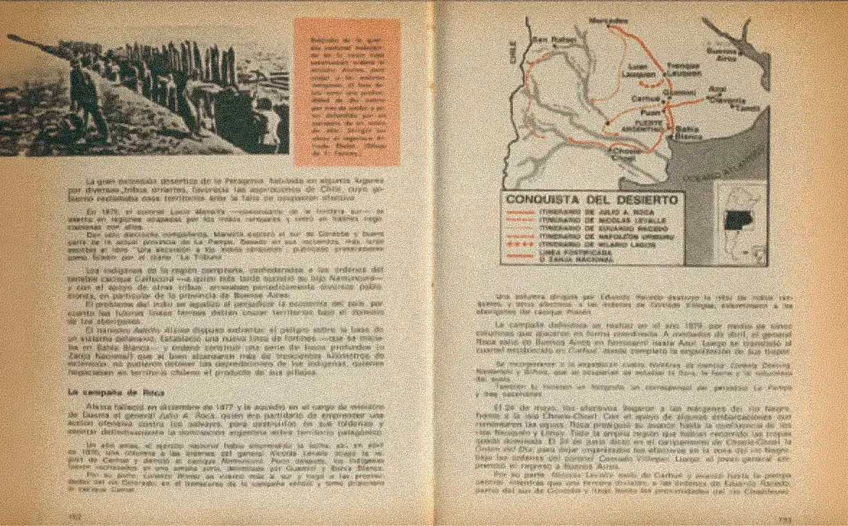 Argentine school textbooks narrated the Conquest of the Desert as a civilizational achievement. The extermination of indigenous peoples was presented as progress. Image: Manual Troquel.