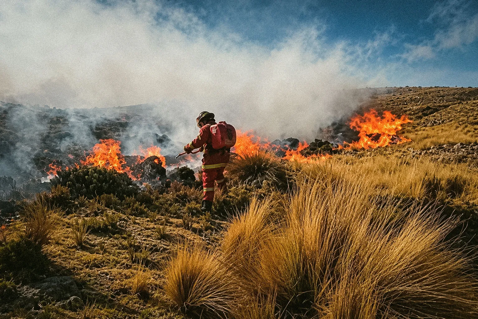A firefighter battles a wildfire in the Andean grasslands of Ihuayllo, Apurímac, ecosystems that recharge water sources yet remain unprotected by any fire strategy in Peru. Photo: Andina.